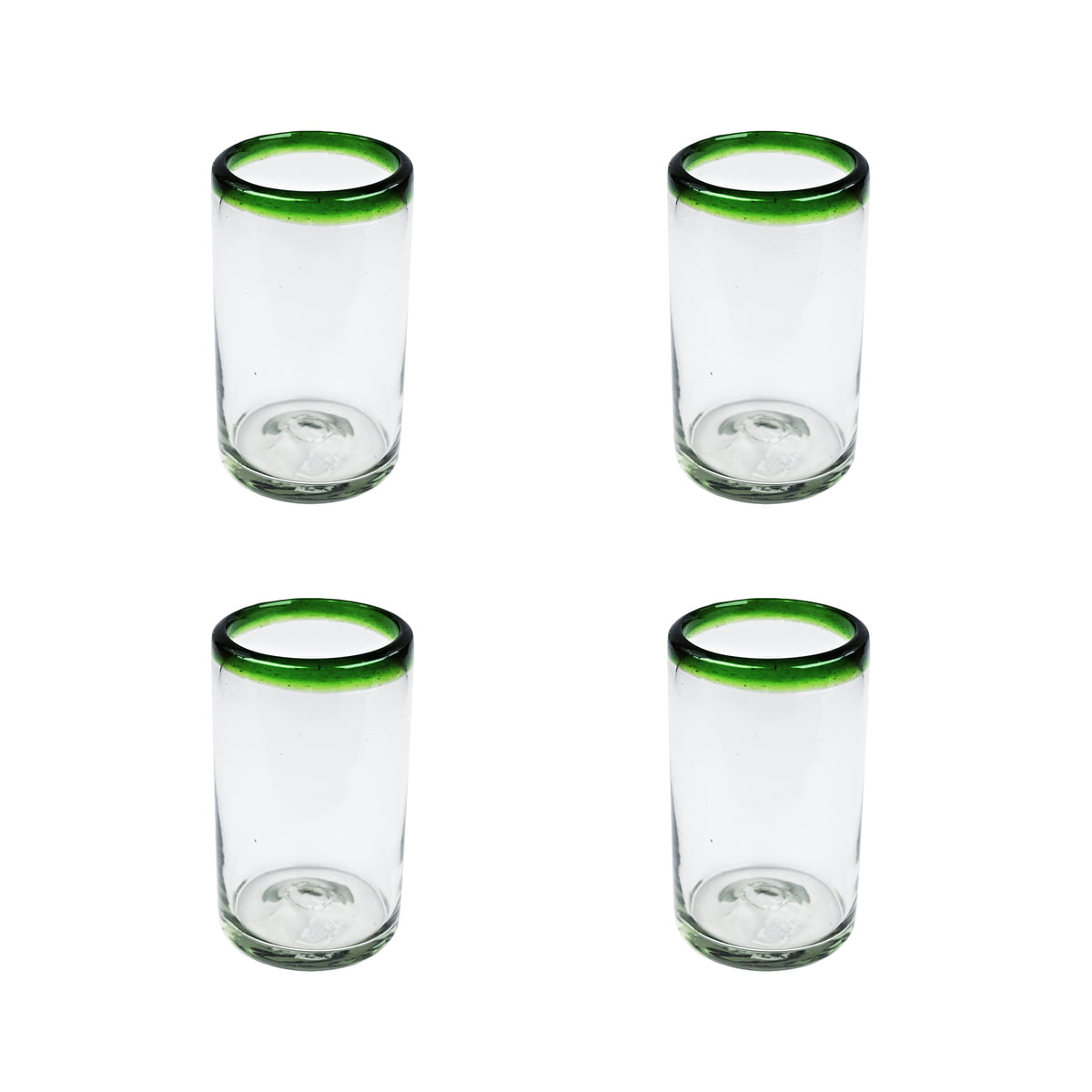 MG017 - 16oz Tumbler, Green Rim, Set of 4 - Hand Blown Recycled Glass From Mexico