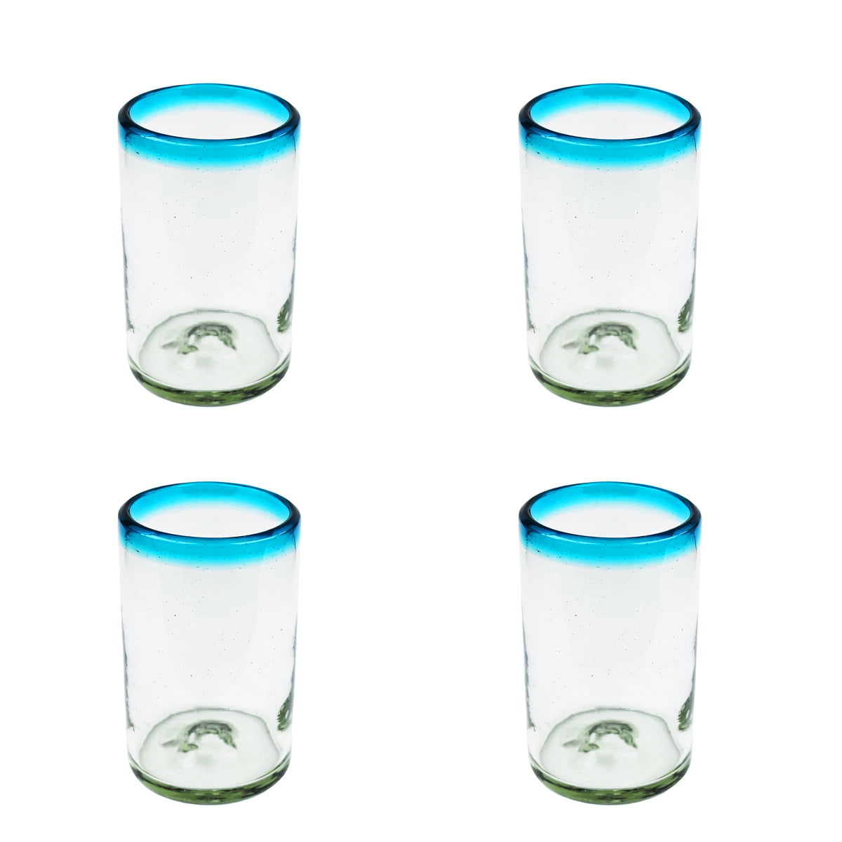 MG025 - 16oz Tumbler, Aqua Rim, Set of 4 - Hand Blown Recycled Glass From  Mexico
