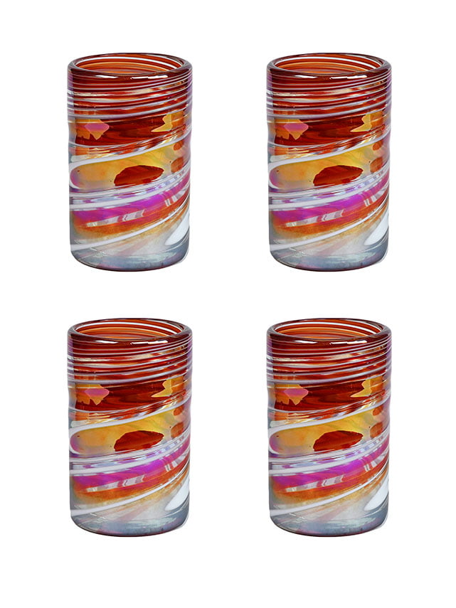 MG101 - 16oz Tumbler, Red Swirl, Set of 4 -Hand Blown Recycled Glass From Mexico