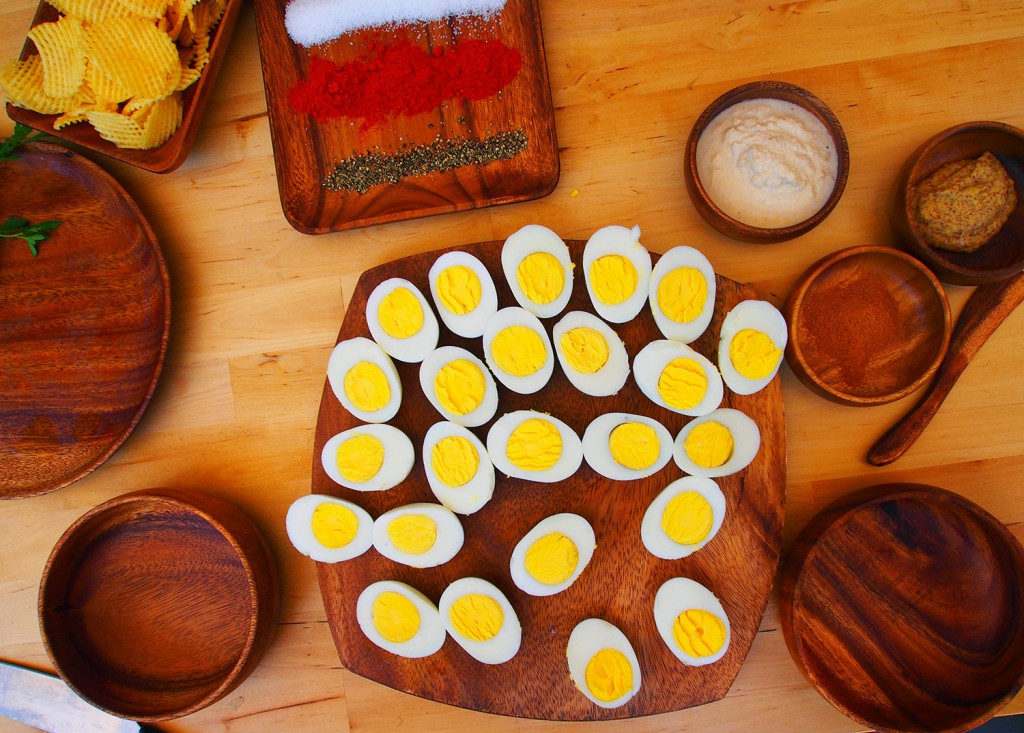 Horseradish deviled eggs, curry deviled eggs