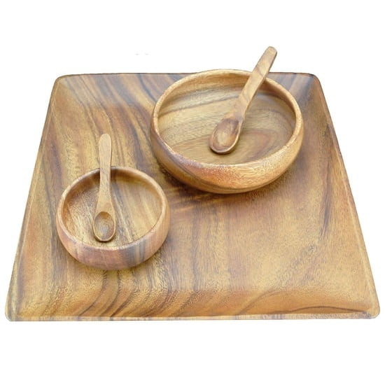 Acacia Wood 5-Piece Set with 12" Square Plate/Tray, 6" Round Serving Bowl, 4" Round Dipping Bowl and Spoons