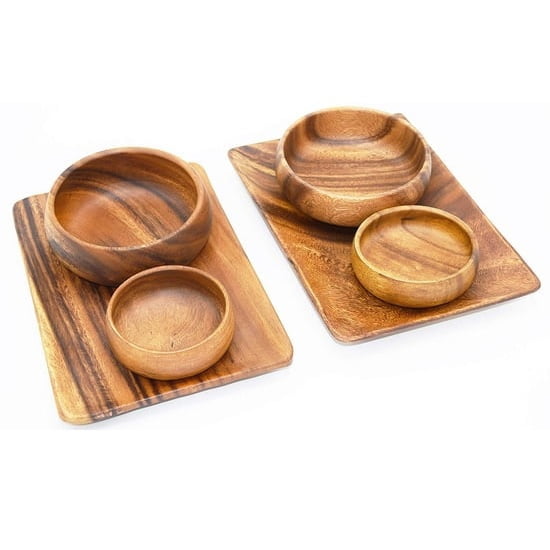 Acacia Wood 6-Piece Appetizer Set with 10.5" Rectangle Serving Trays, 6" Round Salad Bowls and 4" Round Nut & Dipping Bowls
