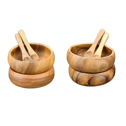 Acacia Wood Round Nut & Dipping Bowl with Spoons, 4" x 1.5", Set of 4