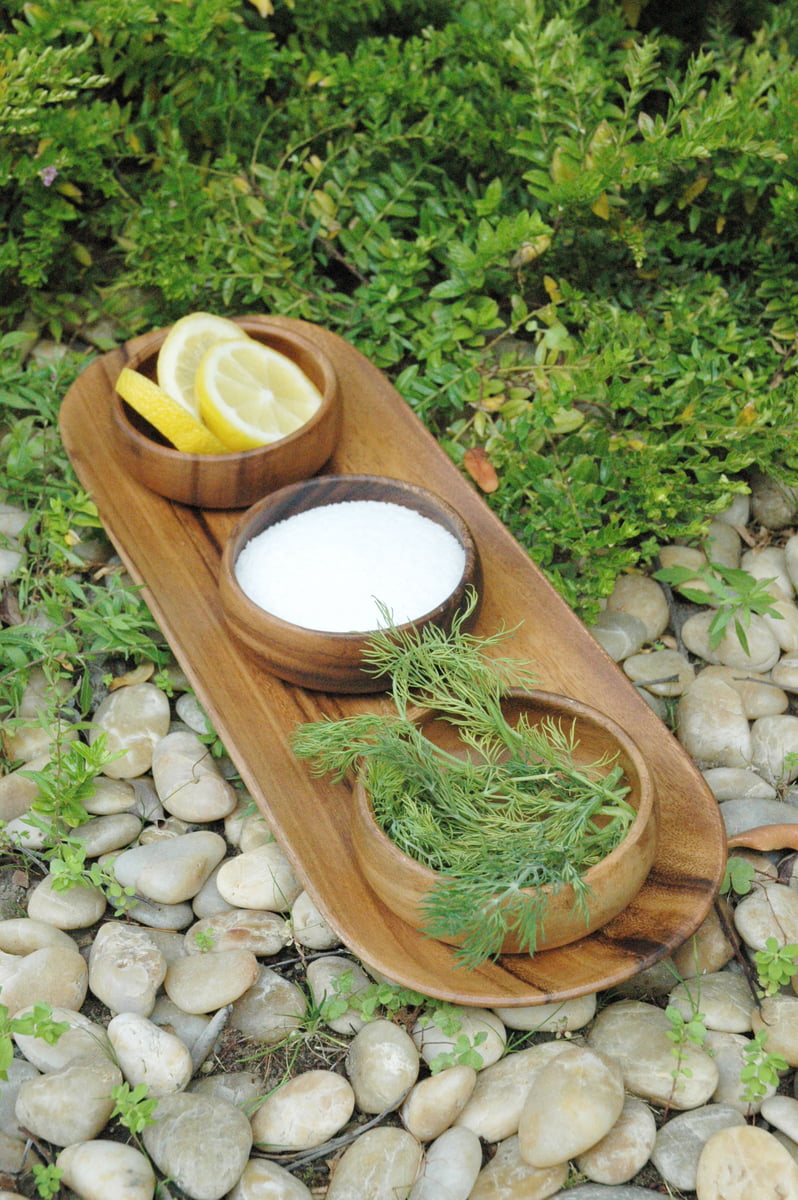 Acacia Wood Appetizer & Bread Serving Tray with Round Dipping Bowls