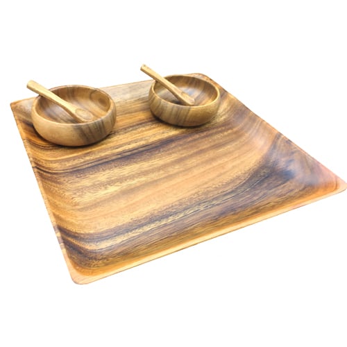 5 Piece Acacia Wood Serving Set with 12" Tray, 4" Bowls, & Spoons