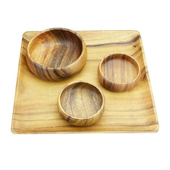 Acacia Wood 4-Piece Set with 12 in. Square Plate/Tray, 6" Round Salad Bowl and 4" Round Dipping Bowls