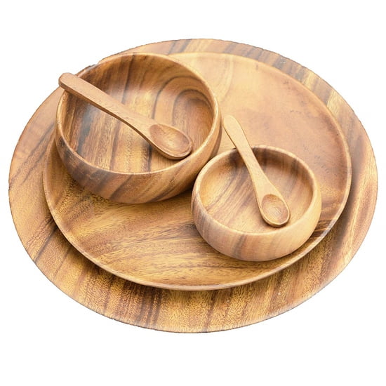 Acacia Wood 6-Piece Serving Set with 10" and 12" Round Trays, 4" and 6" Serving Bowls and Spoons