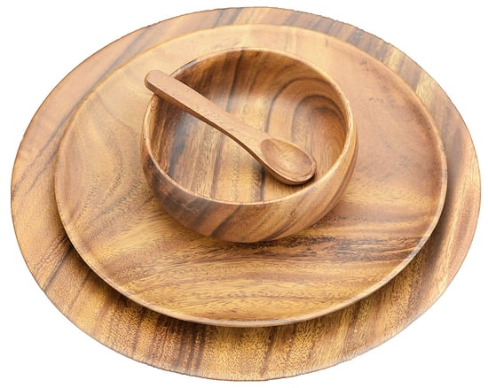 Acacia Wood 12" and 10" Round Trays, Charger Plates with 6" by 2" bowl with spoon