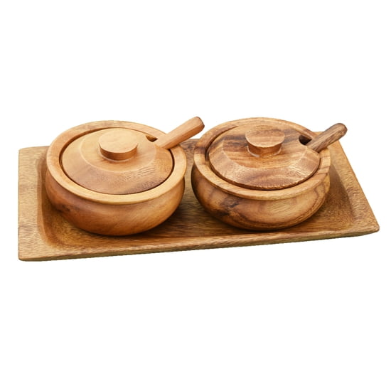 Acacia Wood 2-Piece Condiment Set, 9" x 4" with Tray, Lids & Spoons