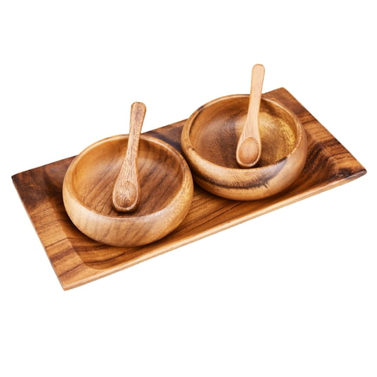 Acacia Wood 5-Piece Appetizer Gift Set with 10" Tray, 4" Round Bowls and Spoons