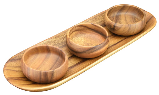 Acacia Wood 4-Piece Serving Set with 16" Appetizer/Bread Tray and 4" Round Nut & Dipping Bowls