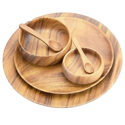 Wood Plates Acacia Wood 6-Piece Serving Set with 10" and 12" Round Trays, 4" and 6" Serving Bowls and Spoons