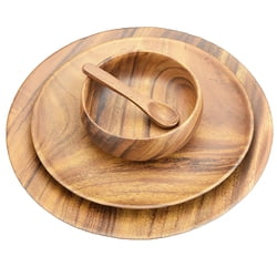 Wood Plates Acacia Wood 4-Piece Serving Set with 10" and 12" Round Trays, 6" Serving Bowl and 5" Spoon