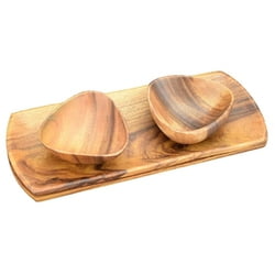 Serving Sets Acacia Wood 4-Piece Appetizer Set with 12" Oval Serving Trays and 4" 3-Sided Nut & Dipping Bowls