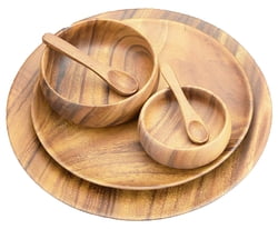 6 Piece Acacia Wood Appetizer & Cheese Serving Set, 12" & 10" Trays, 2 Bowls & Spoons